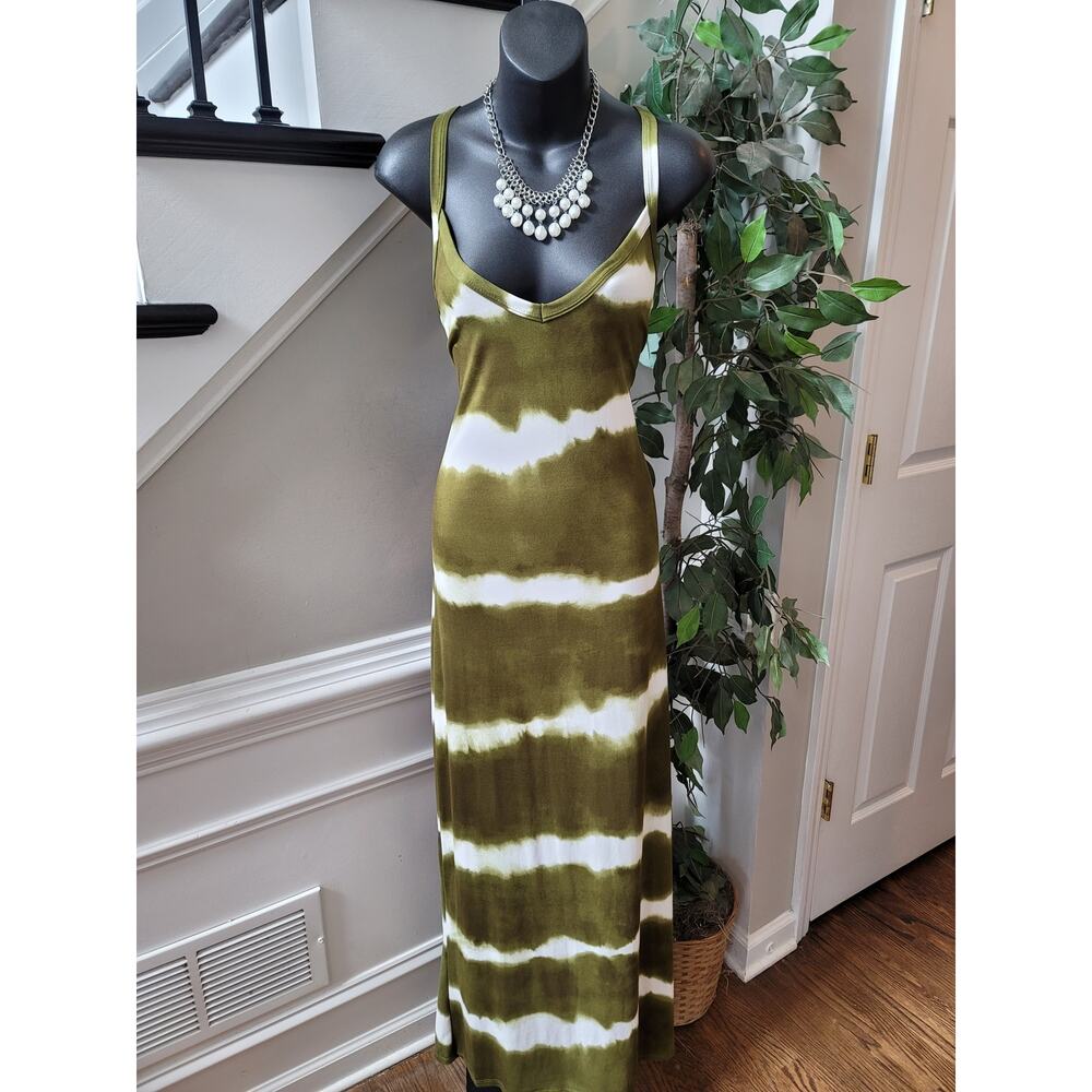 Capella Maxi Dress Women's Large Olive White Stretch Tie Dye Sweetheart Casual